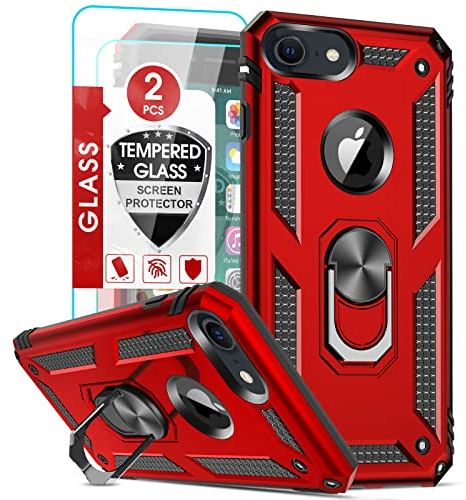 LeYi Case for iPhone SE3 2022/8/7/SE 2020/6/6s with 2 Tempered Glass, Ring Holder Military Anti-Fall Reinforced Bumper Shockproof Soft TPU and Hard PC Protective Case Red