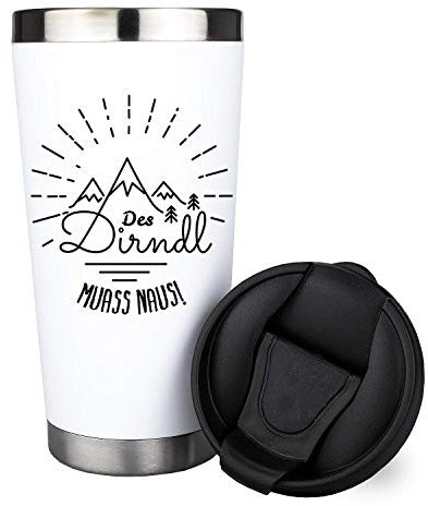 Bavariashop Thermo-Becher Des Dirndl muass naus!, Kaffee Isolierbecher im bayerischen Design, 420 ml, Bruchfest, bis zu 8 Stunden heiß oder kalt