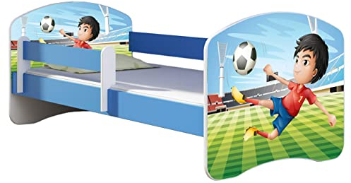 ACMA Kinderbett Jugendbett mit Einer Schublade und Matratze Blau mit Rausfallschutz Lattenrost II 140x70 160x80 180x80 (13 Fußballer, 140x70)