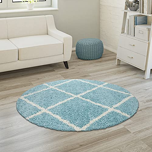 Paco Home Hochflor Teppich Wohnzimmer Schlafzimmer Shaggy Skandinavisch Rautenmuster, Grösse:Ø 120 cm Rund, Farbe:Türkis