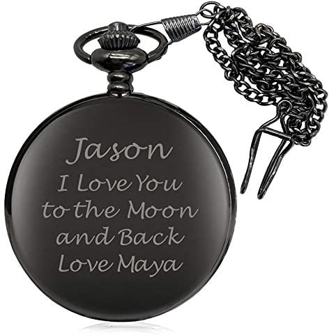 Personalised Pocket Watch for Him Men Husband Father Best Man Groomsman Usher Grandpa Daddy Dad Personalised Gift for Anniversary Birthday Christmas Fathers Day Wedding Valentines Day Xmas (Black)