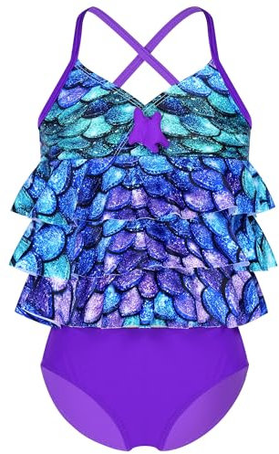 Agoky Mädchen Kinder Tankini Bikini Sets Bademode mit Rüschen Träger Meerjungfrau Cosplay Kostüm Badebekleidung Badeanzug Oberteile und Slip gr. 98-164 Lila C 164