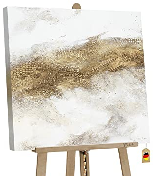 YS-Art Luxus Abstrakt Acryl Gemälde auf Leinwand April handgemalt Wandbilder Wohnzimmer modern Wohndekor weiß grau Gold Bild quadratisch echte Kunst 100x100 cm