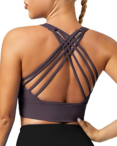 QUEENIEKE Sport BH Damen Ohne Bügel Gepolstert Mittlerer Stark Halt Yoga Bra Gekreuzt Rücken Bustier Sport Top Fitness Lauf Joggen Free to Be Bra Farbe Dunkellila B Größe S