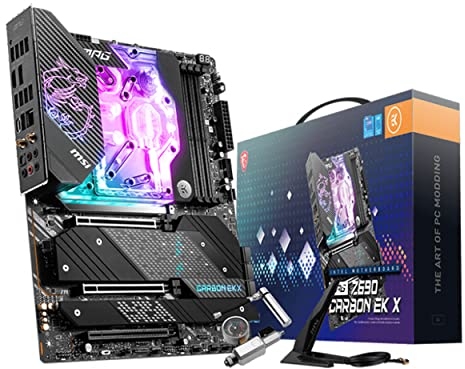 MSI MPG Z690 CARBON EK X Gaming Mainboard ATX, unterstützt Intel Prozessoren 12. Generation, LGA 1700, 75A VRM, EK Wasserblock, DDR5 Memory Boost 6666+MHz/OC, 2 x PCIe 5.0 x16, 4 x M.2 Gen4, Wi-Fi 6E