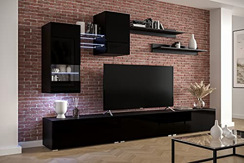 Furnitech Wohnwand Wohnzimmer | Wohnzimmer Möbel mit LED Weiß | Hängend Wohnwand Modern | Wohnzimmer Schrankwand mit Regale und TV Schrank (Future AN87NEW-21B-HG1)