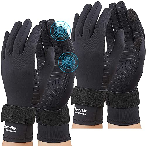 Semikk 2 Pairs Copper Compression Arthritis Gloves with Adjustable Strap for Women and Men, Full Finger Gloves for Everyday Support, Black, S/M