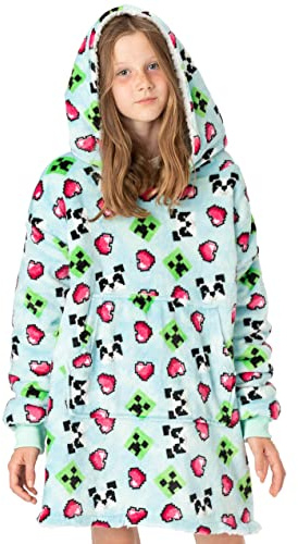 Minecraft Girls Oversized Blanket Hoodie | Kids Creeper Panda Hearts Double Lined Sherpa Fleece Blue Sweater | One Size Sweater Big Pocket