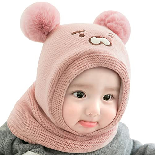 Baby SchalMütze Warm gefüttert Kinder Strickmütze Niedlich Bär Schlupfmütze Wintermütze mit Bommel Beanie für Mädchen und Jungen Unisex Babymütze (Einheitsgröße,Rosa)