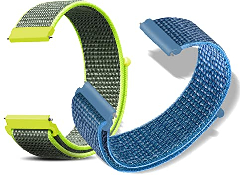 RoYiio 2 Stücke Nylon Armband 20mm, Bequem und Atmungsaktiv, mit Schnellverschluss, Ersatzarmbänder Uhrenarmbänder für Smartwatches und Armbanduhren - Helles Gelb & Cape Blau