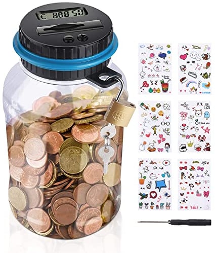 Birshe Spardose Mit Zähler,1.8L Groß Kinder Transparente Münzzähler mit LCD Anzeige Digital Coin Bank Mit Automatischem Mit Schloss und Niedlichen Aufklebern Sparbüchse Mit Zählwerk