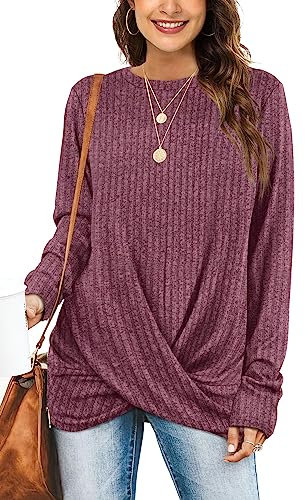 Aokosor Womens Long Sleeve Tops Ladies Loose Fit Jumpers Twist Front Lightweight Sweatshirt Fuchsia Size 18-20