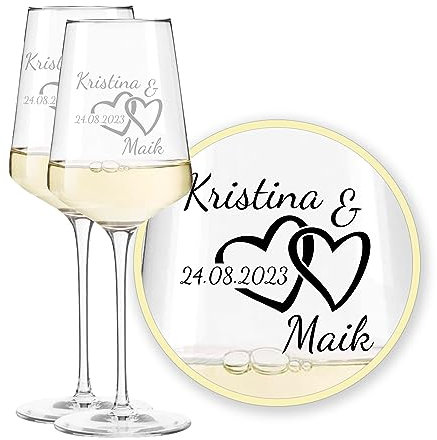 LALALO Leonardo Hochzeit Weingläser Geschenk-Set (2 St.) mit Gravur, Serie Puccini, Brautpaar Präsent zum Hochzeitstag – Weinglas personalisiert als Hochzeitsgeschenk