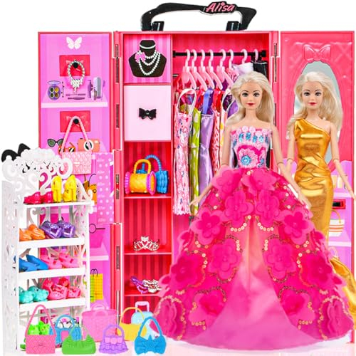 ebuddy 105 Pcs Puppe Schrank Garderobe Kleidung Spiel Set für 11.5 Zoll Mädchen Puppe einschließlich Schrank, Schuhe Rack, Kleid, Schuhe und anderes Zubehör (Keine Puppe)