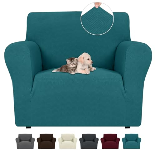 Ystyle Stretch Sofa Überzug 1 Sitzer, Sesselschoner rutschfest Mit Armlehne, Elastische Couch Überzug Jacquard, Universal Sofa Cover Moderne, Sofaschoner Hund Katze Wohnzimmer, Dunkelgrün