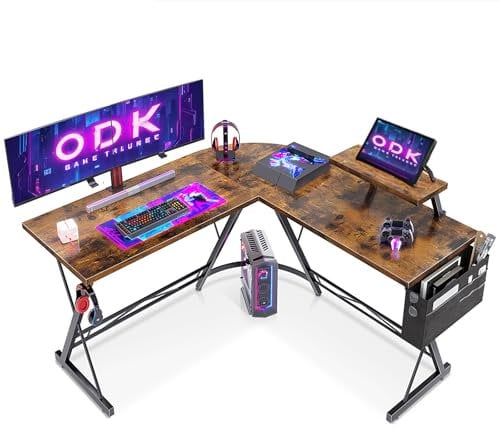 ODK L Shaped Gaming Desk with Monitor Stand, 127x127x75 cm Computer Desk with Storage Bag, Corner Desk for Gaming, Home, Office, Vintage Brown