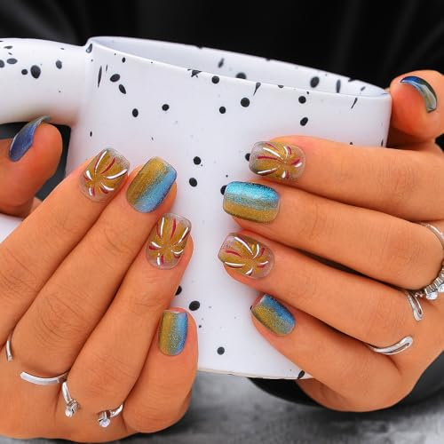 Sethexy Short Coffin Handmade False Nails - Cat Eye, Fireworks, Gradient Press on Nails Women Salon Stick on Nails 10PCS