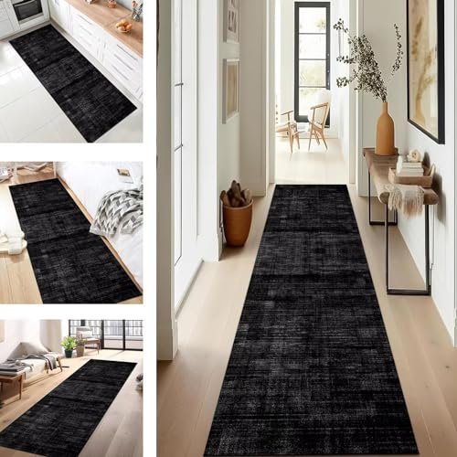 Teppich Läufer für Küche Flur Wohnraum Küchenläufer rutschfest mit Gelrücken 60X400CM Schwarz Grau Polyester Dauerhaft Waschbar Teppichläufer Teppich Läufer für Waschküche Eingang Wohnzimmer