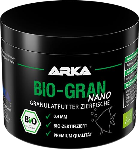 ARKA Bio-Gran Nano - 500 ml / 250 g - Biozertifiziertes Fischfutter für jedes Süßwasser-Aquarium, fördert Wachstum, Farbenpracht und Vitalität von Zierfischen