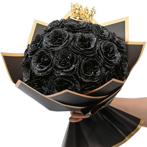 Waipfaru Bouquet di rose artificiali glitterate nere, per fai da te, per San Valentino, anniversario, fidanzamento, matrimonio, 24 rose