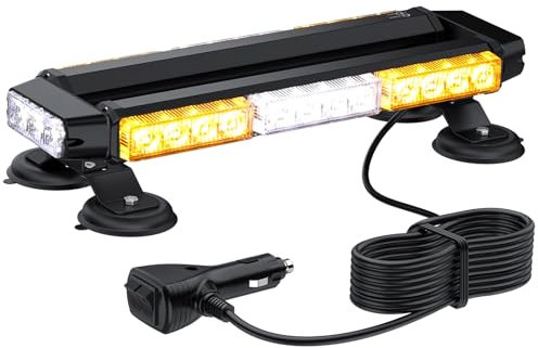 Justech 30 LEDs Lumière Stroboscopique d’Urgence Clignotant Barre Stroboscopique 27 Modes 12 / 24V Étanche Ambre + Blanc Contrôle Double Interrupteur avec Base Magnétique pour Véhicule Camion