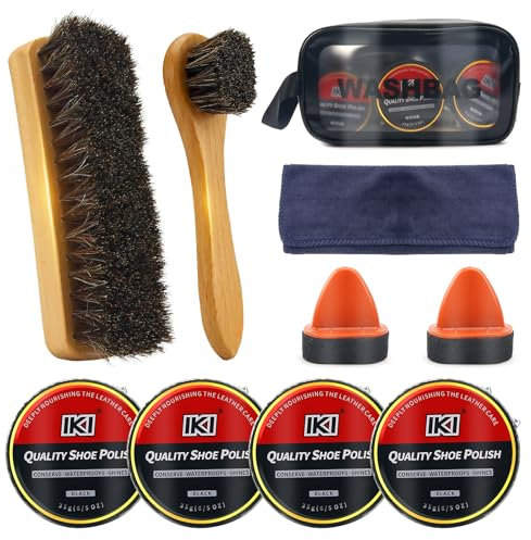 IKI Schuhputzsets– Lederschuh Pflege Set mit Schwarze Schuhcreme & Pferdehaar Bürsten, 10-teiliges Schuhpflegeset Für Schuhe, Sofa, Auto