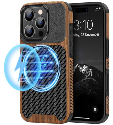 TENDLIN Magnetic Case Compatible with iPhone 16 Pro Max Case Wood Grain with Carbon Fiber Texture Design Leather Hybrid Slim Case (Compatible with MagSafe) Black