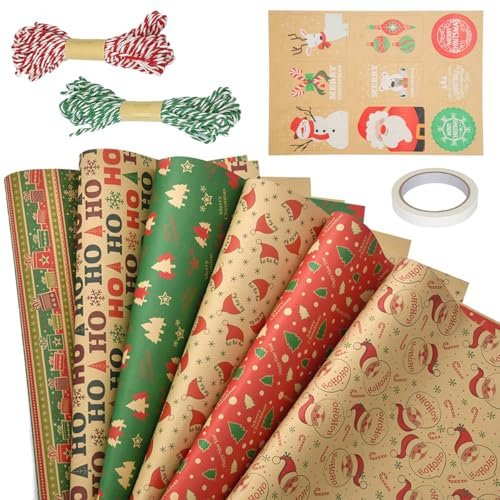 Weihnachts Geschenkpapier,6 Blatt 70×50cm Weihnachten Geschenkpapier mit Geschenkanhänger und Geschenkseil