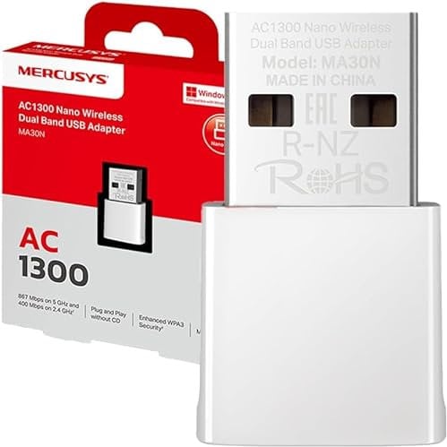 Mercusys TP-Link MA30N Adattatore WiFi USB, AC1300Mbps, Scheda di Rete, Nano Scheda, Dual Band, USB 2.0, WPA3, Plug & Play, Windows 11/10