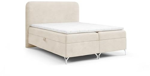 FURNISTAR Boxspringbett Gwen mit Bettkasten Bett mit Topper und Bonellmatratze Polsterbett aus Cord-Stoff mit 13 cm Beinen Familienbett modernes Schlafzimmer (180x200, Hellbeige)