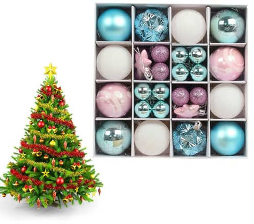42pcs Christmas Tree Decorations - Blue Pink Baubles, Xmas Ball Ornaments 3cm 6cm Mini Baubles Hanging Ball Plastic Bulbs for Home Party, Wedding Decor