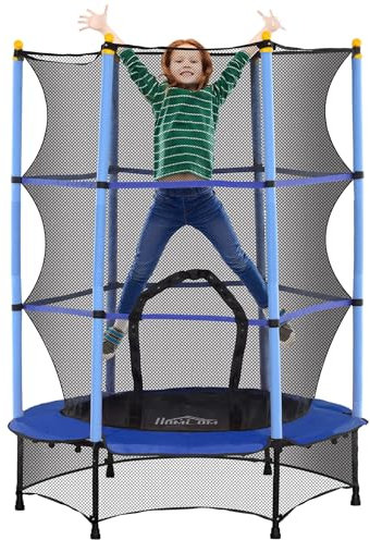 HOMCOM Trampoline Enfant Ø 1,40 × 1,90H m Filet de sécurité Porte zipée Couvre-Ressorts 6 poteaux rembourrés Inclus Bleu