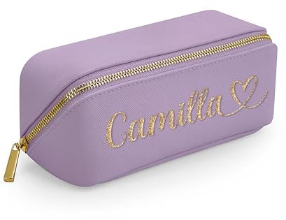 Caribu design Trousse Beauty Case Personalizzato con Nome Iniziali Testo - Borsa Trucchi per Viaggio Casa Pochette Cosmetica in Ecopelle per Lei Organizer Makeup Accessori (Lilla)