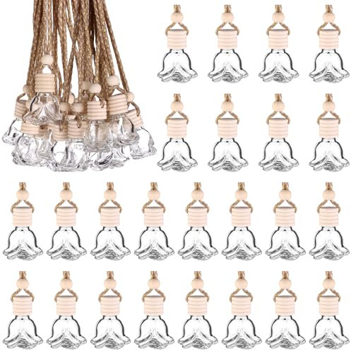 ULELE 30 Pcs 8ml Hanging Glass Air Freshener Diffuser - Rose Shape Empty Essential Oil Aromatherapy Fragrance Perfume Pendant for Car, Home and Office