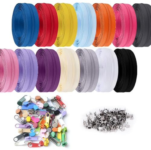 Reißverschlüsse Set, Wapasezyar Reißverschlüsse mit Zipper, 14 Farben Nylon Endlos Reißverschluss Set mit Schieber und Reißverschluss zum Nähen und Basteln für Kleidung Tasche Mäppchen Kissenbezug