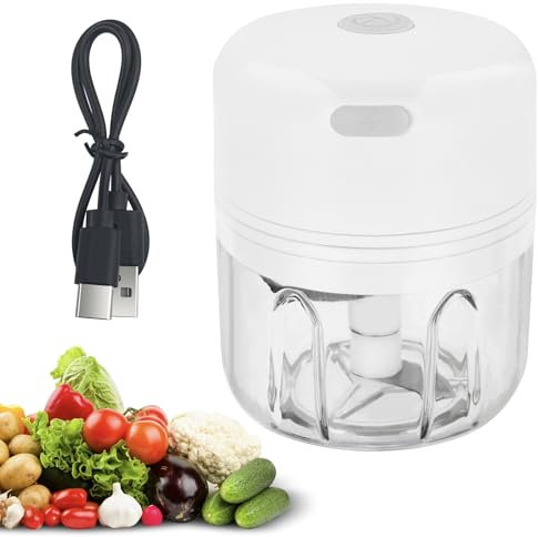 Baxcdyswe Tritatutto da Cucina Elettrico 250ml, Mini Frullatore Elettrico, USB Multi-Tritatutto Ricaricabile, 3 Lame in Acciaio Inox, Portatile Frullatore Piccolo per Carne, Frutta, Aglio (Bianco)