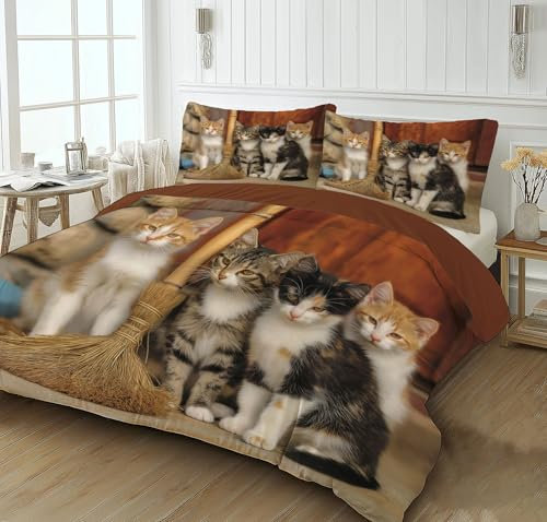 ZISTRCBAO 3D Print Duvet Cover Set,Double Cute Kitten Print Duvet Bedding Set,Broom Printed Quilt Set Luxury Bedding,Beddings Duvet Cover + 2 Matching Pillowcases