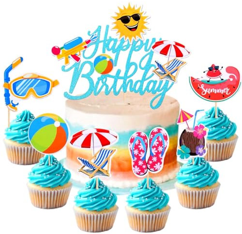 25 PCS Summer Beach Cake Decorations with Surfboard Toppers for Pool Party and Luau and Hawaiian Celebrations