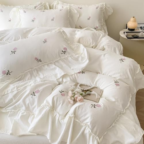 Lanqinglv Rüschen Bettwäsche 200x200 Weiß Rosa Blumen Stickerei Mädchen | Aesthetic Romantisch,ÖKO-TEX Zertifiziert,für Allergiker,Landhausstil Bettbezug mit Reißverschluss und 2 Kissenbezug 80x80cm