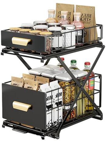 THCTYRP Gewürzregal 2 Etagen Ausziehbar, ohne Montage Schwarz | Standregal Küche Arbeitsplatte Organizer 40x26x39cm, Stauraum für Gewürze & Flaschen