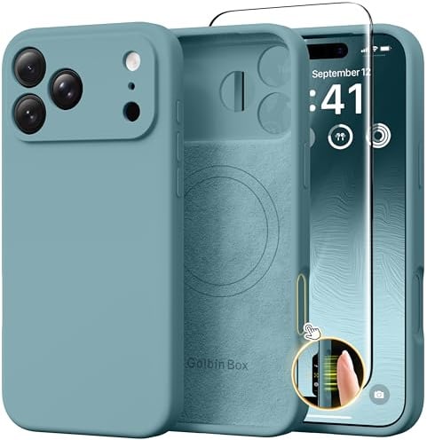 GolbinBox Magnetic for iPhone 17 Pro Max Case, Compatible with MagSafe, [Full Camera Protection] [Screen Protector], Silicone Shockproof Phone Cover with Anti-Scratch Microfiber Lining, Wave Green