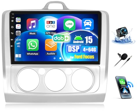 4G+64G 8-Core Android 15 Dab+ Car Stereo for Ford Focus Exi MT 2 3 MK2/MK3 2004-2011 Wireless CarPlay Android Auto, 9'' Touchscreen with WiFi Mirror Link Bluetooth FM RDS DSP EQ SWC Backup Camera