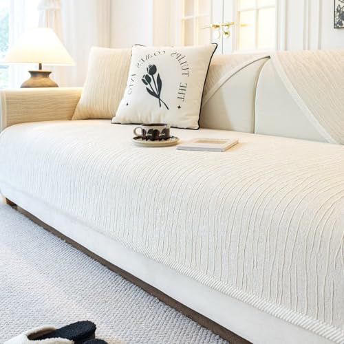 Tielag Sofa Überzug 1 2 3 4 Sitzer, Chenille Couch Überzug, Sofaschoner rutschfest, Sofabezug L Form, Sofadecken für Sitzfläche Washable, Beige, 90 x 180 cm