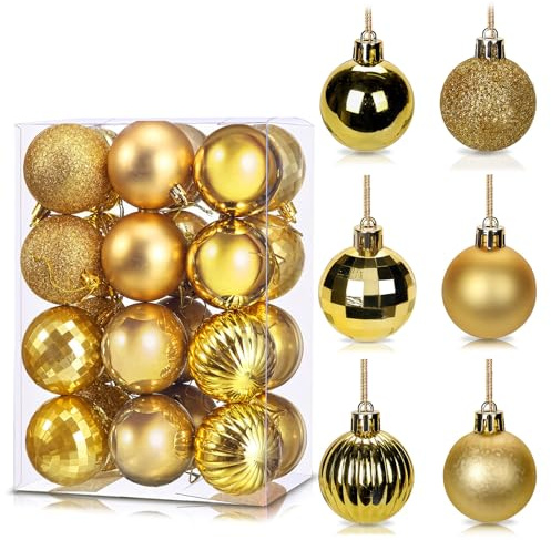 24Pcs Gold Baubles for Christmas Tree, 6cm Shatterproof Plastic Christmas Balls Ornaments with Strings, 6 Design Xmas Baubles Hanging Balls for Indoor Outdoor Xmas Holiday Wedding Party Decor
