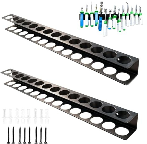 pozuauoa 2PC Screwdriver Holder, Tool Organiser Wall Mounted, Screwdriver Organizer 14 Holes Tool Storage Organiser, 40 X 4 X 4.5cm Hand Tools Storage Stand for Shed Pliers (Black)