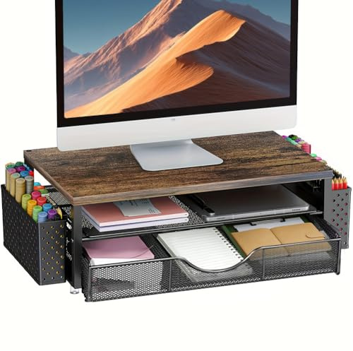 FARYODI Support de moniteur de bureau avec 2 porte-stylos, tiroir, organiseur de bureau, rehausseur de moniteur, support de table ergonomique, accessoires de bureau pour écran et ordinateur portable