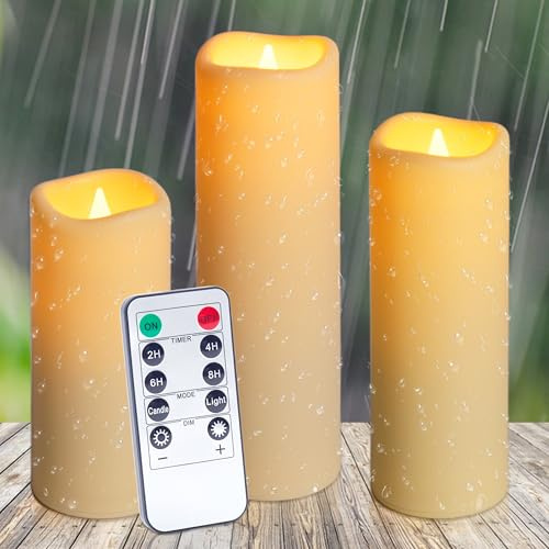 Auralome Battery Operated LED Candles - Waterproof Remote Control Pillar Fake Timer Candle D2.2 x H5 6 7 Large Flickering Flameless Electric Realistic Church Outdoor Artificial Candles 3 Set