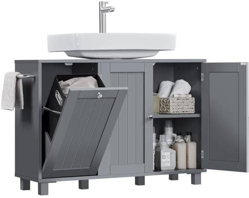 Yaheetech 2 Mueble Bajo Lavabo con Cestos para Ropa Sucia | Mueble Baño sin Lavabo con 1 Bolsa Interior Extraíble 90x30x62,5 cm 2 Puertas Armario de Almacenamiento Gris