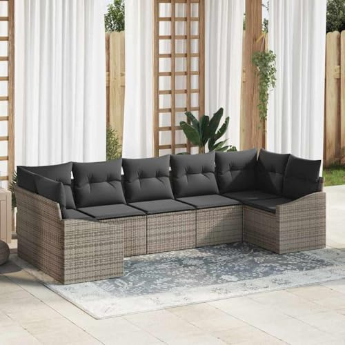 Owoxanthellate 7tlg. Gartenmöbel-Set, graue Poly-Rattan-Eckbank 62×62×85 cm, höhenverstellbarer Couchtisch 55×62×85 cm, Terrasse Balkon