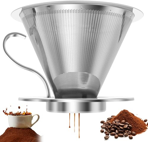 Reusable Pour Over Coffee Dripper with Handle Stable Stand, Metal Coffee Filter, Double Layer Filter Compatible with Cups/Mugs 5.5–10.5cm, Paperless Drip for Single Cup Brew